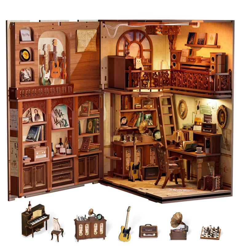 Cutefun Book Nook Kit 3D خشبية لغز الدفتين عدة منزل مصغر مع غطاء الغبار مجموعة الدفتين مع أضواء LED DIY دمية Bookend منزل صغير للبالغين عيد الفصح ديكور المنزل للمراهقين البالغين - Image 1